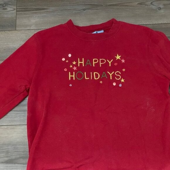 HAPPY HOLIDAYS Red l/s SWEATSHIRT * GOLD LUREX Green Embroidery STARS * 45" bust - Picture 1 of 5